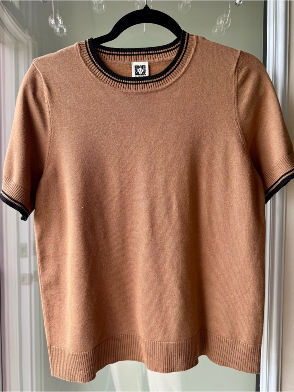 Women's Short-Sleeve Crewneck Sweater in Camel with Black Trim